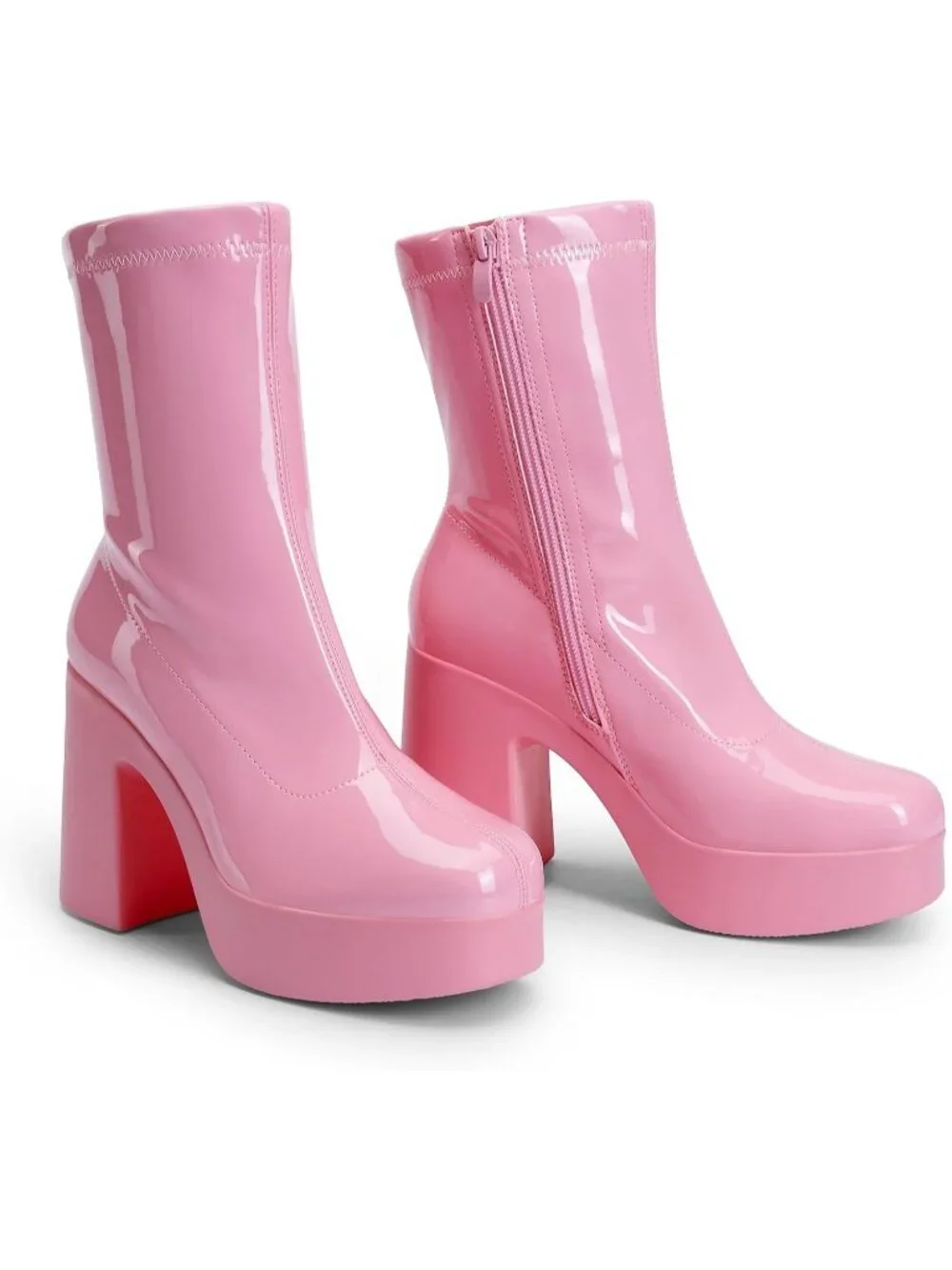 Women's Pink High Chunky Block Heel Square Toe Platform Gogo Ankle Boots